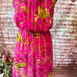 Robbie Bee Hot Pink and Olive Leaf-Print Maxi Dress